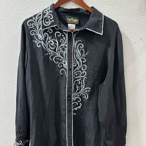 Vintage Bob Mackie Wearable Art 100% Silk Blouse 1X  Black & Embroidery
